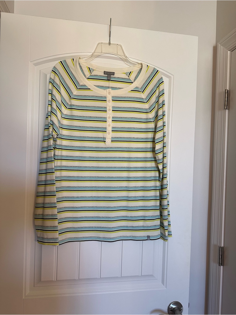 Talbots Striped Henley Long-Sleeve Top - Yellow, Light Blue & Cream